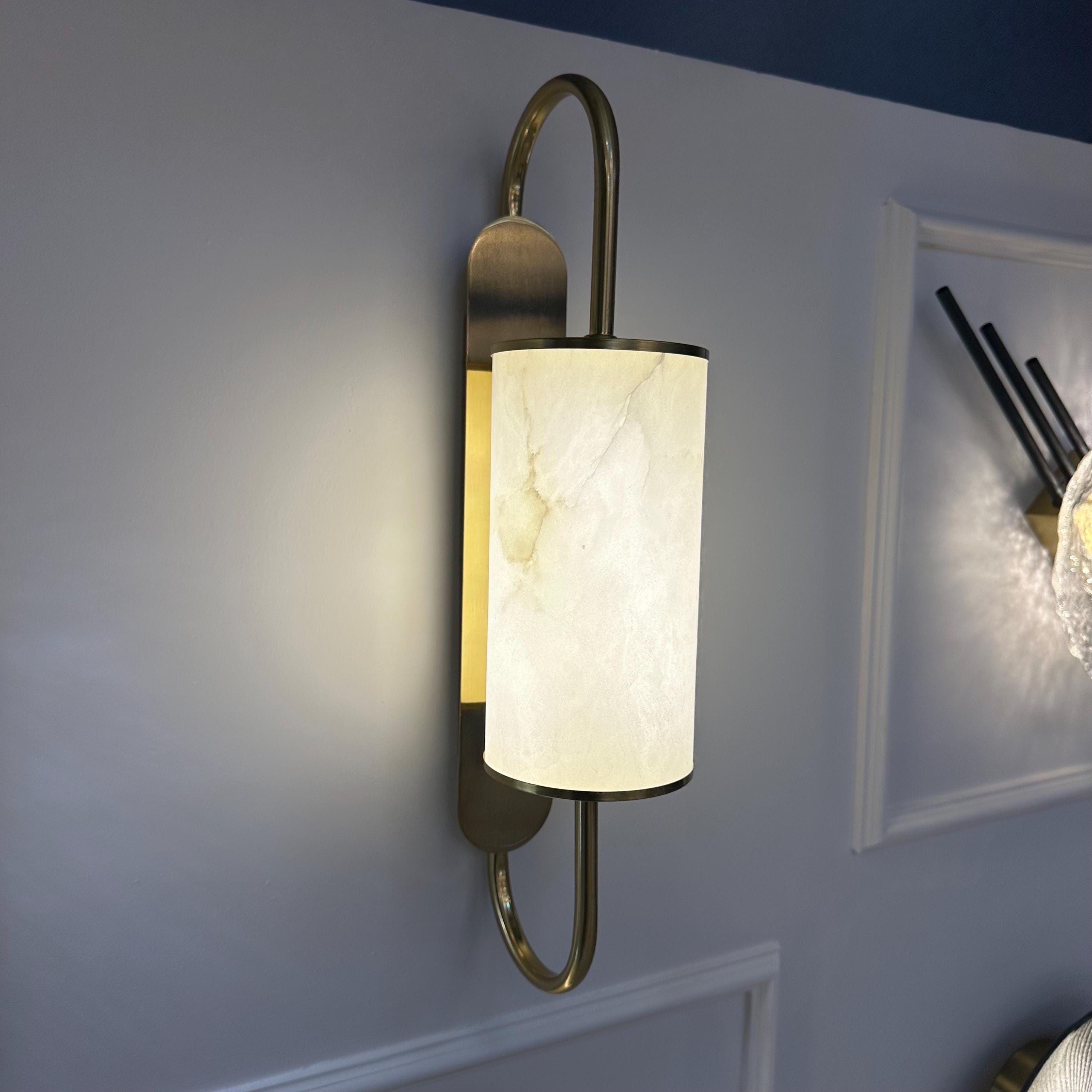Modern Vertical Marble LED Wall Sconce with Brushed Brass Frame, 4000K Wall Light for Bedroom, Hallway, Living Room, and Entryway
