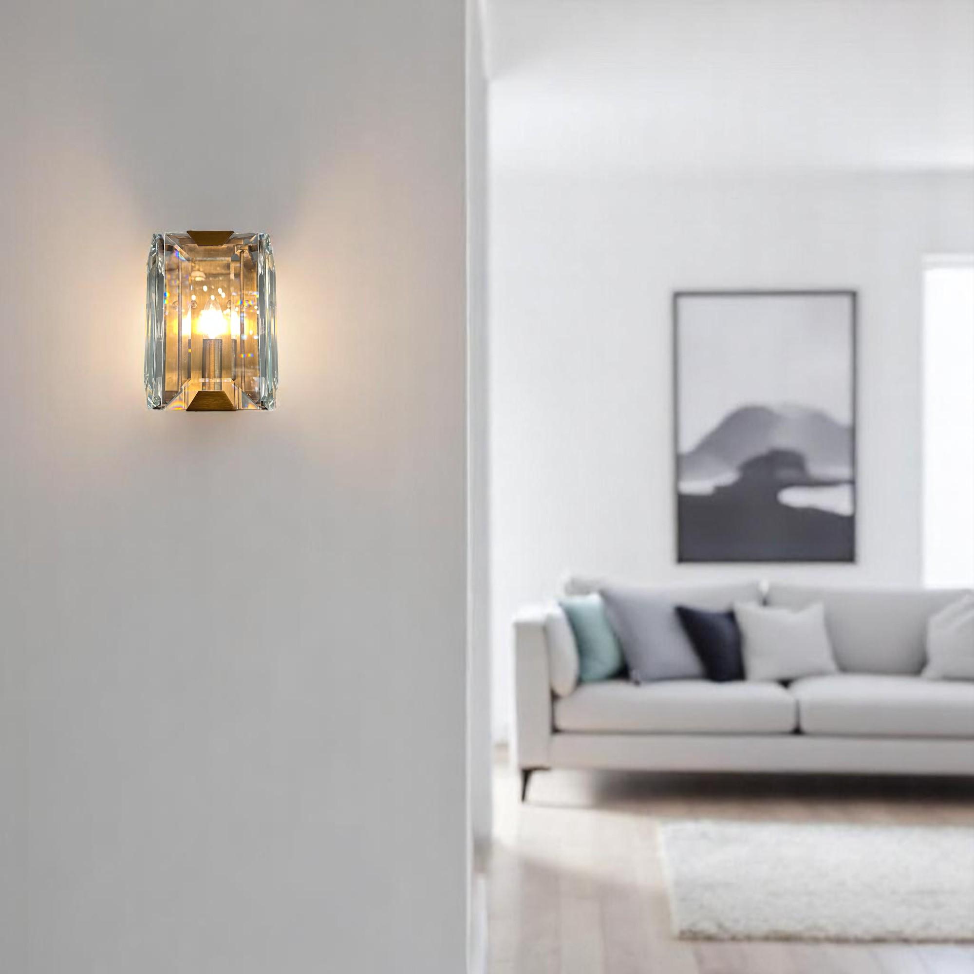 Rectangular Crystal Glass Wall Sconce, Gold Accent E14 Wall Light for Bedroom, Hallway, Bathroom Vanity, and Living Room