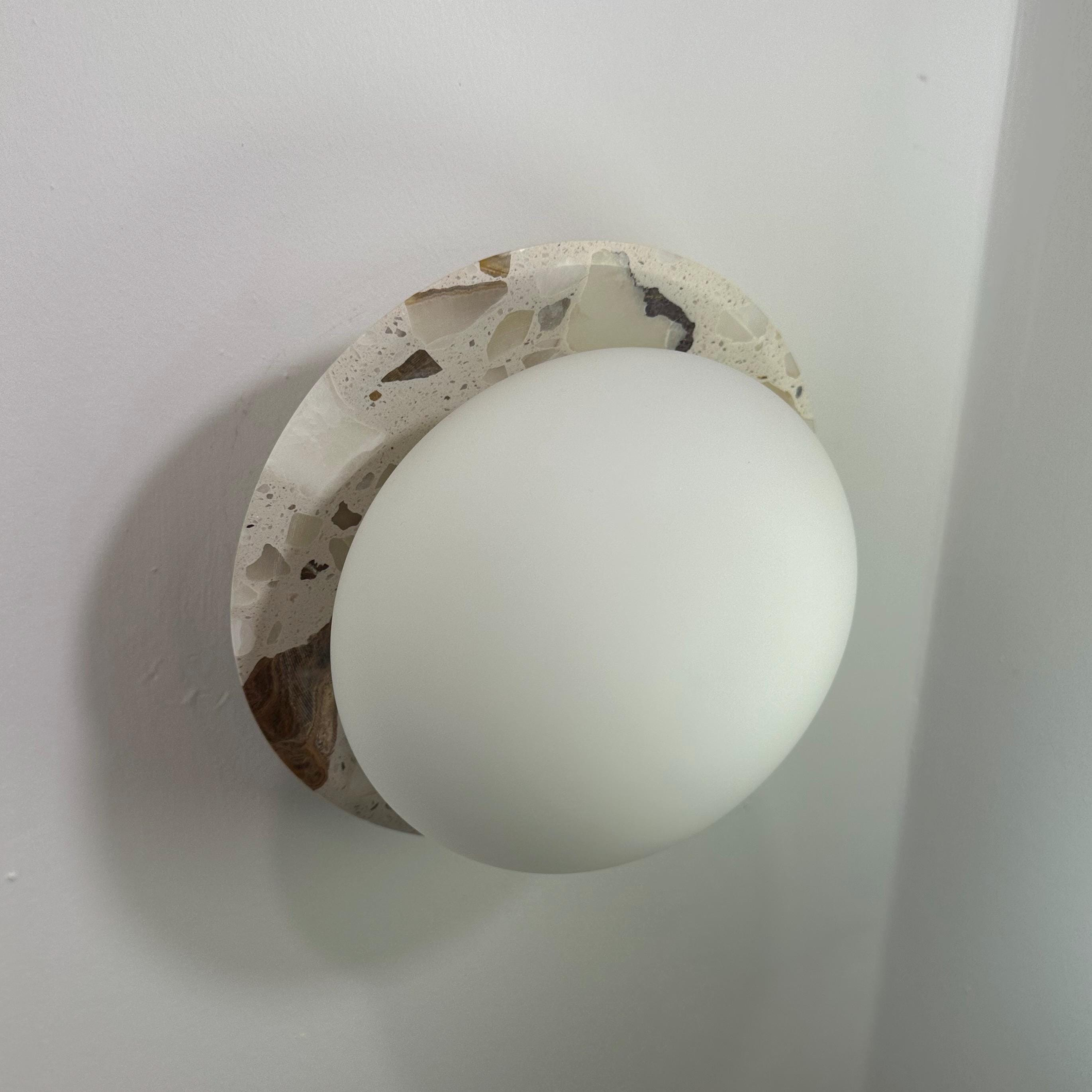 Terrazzo Stone and Opal Glass Globe Wall Sconce, Modern G9 Wall Light for Bedroom, Hallway, Bathroom, and Living Room