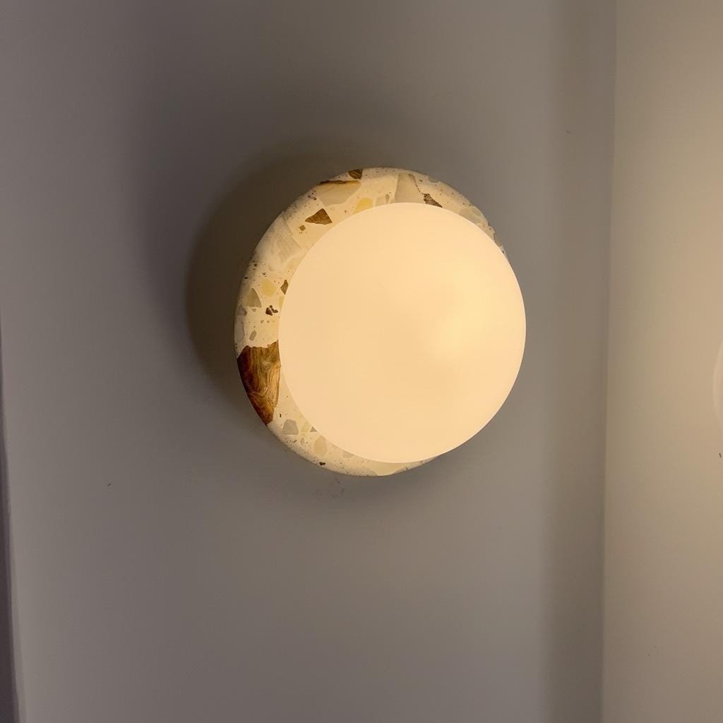 Terrazzo Stone and Opal Glass Globe Wall Sconce, Modern G9 Wall Light for Bedroom, Hallway, Bathroom, and Living Room