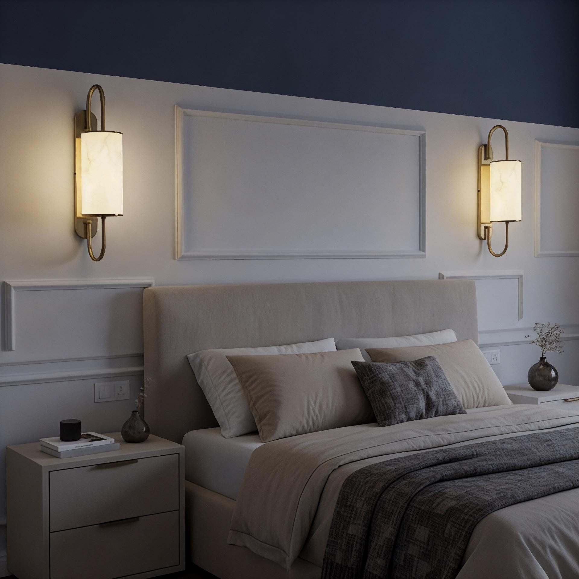 Modern Vertical Marble LED Wall Sconce with Brushed Brass Frame, 4000K Wall Light for Bedroom, Hallway, Living Room, and Entryway