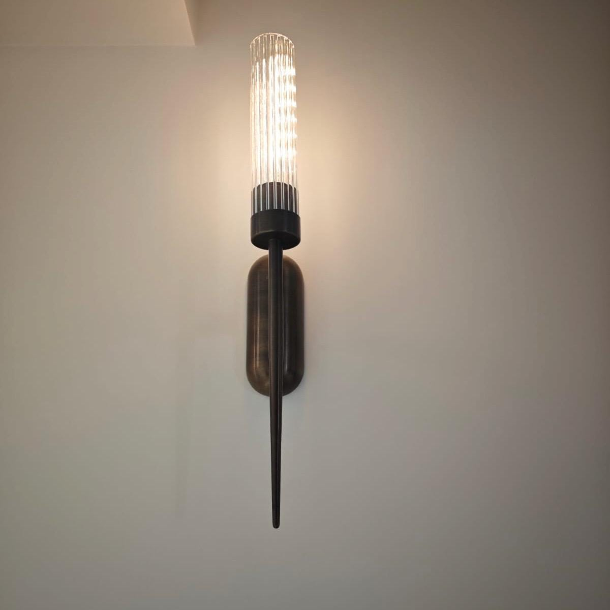 Ribbed Glass Torch Wall Sconce with Dark Bronze Frame, E26 E27 Wall Light for Bedroom, Hallway, Living Room, and Entryway