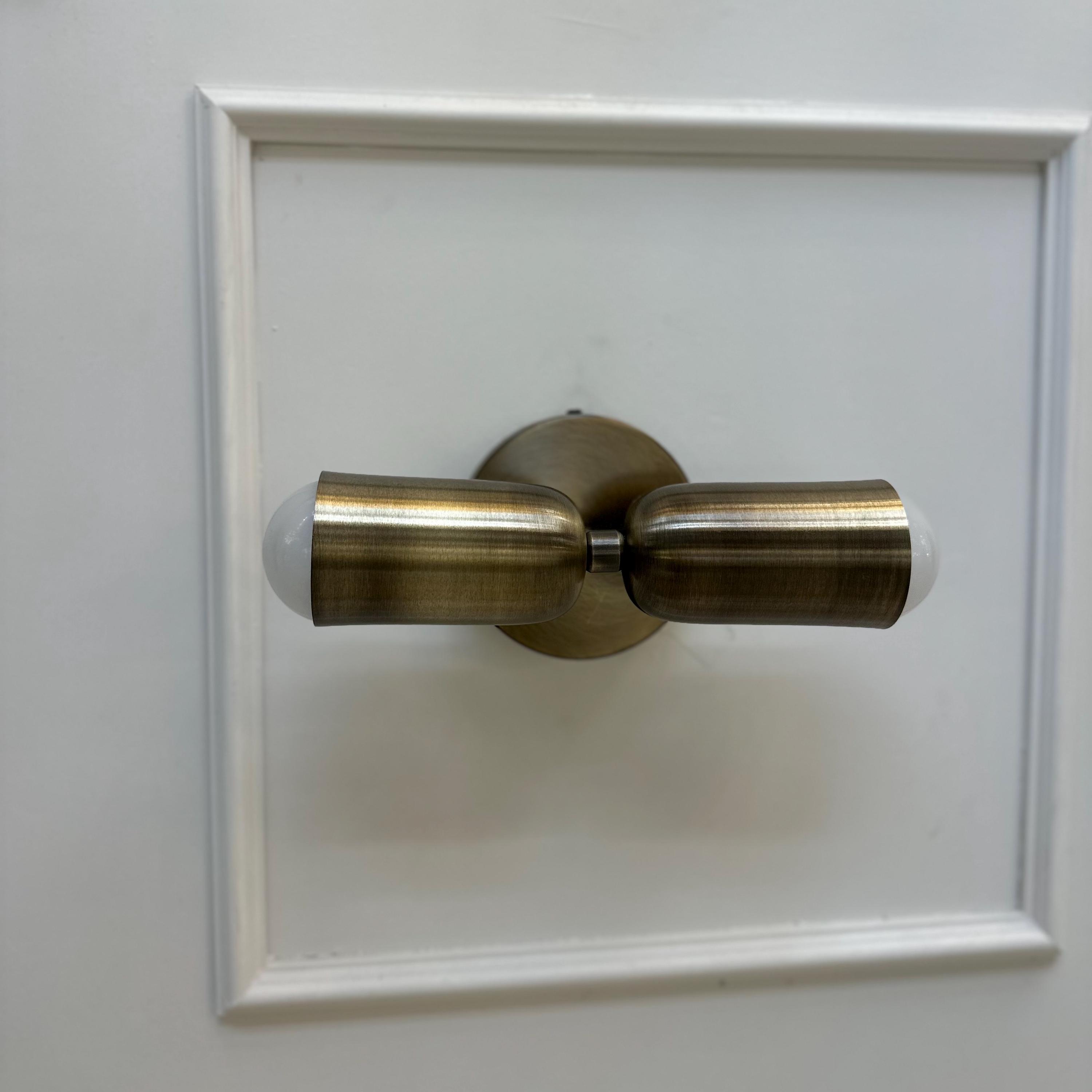 Modern Double Cylinder Wall Sconce with Round Backplate, Brushed Brass Wall Light for Bedroom, Hallway, Bathroom Vanity, and Living Room