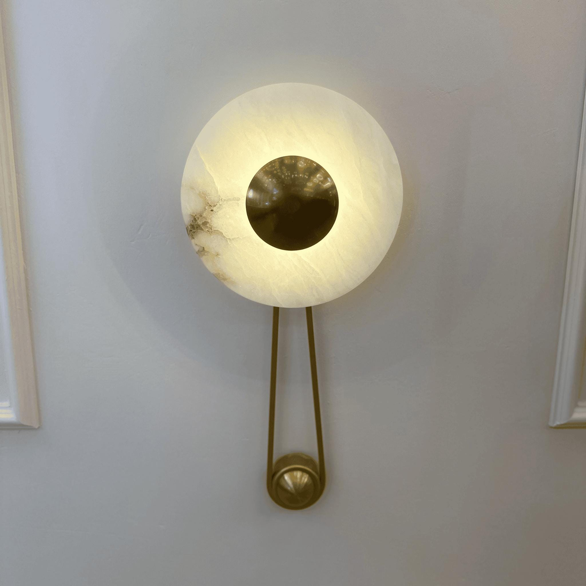 Round Marble Disc LED Wall Sconce with Brushed Brass Accent, Modern Warm White Wall Light for Bedroom, Hallway, Living Room, and Entryway