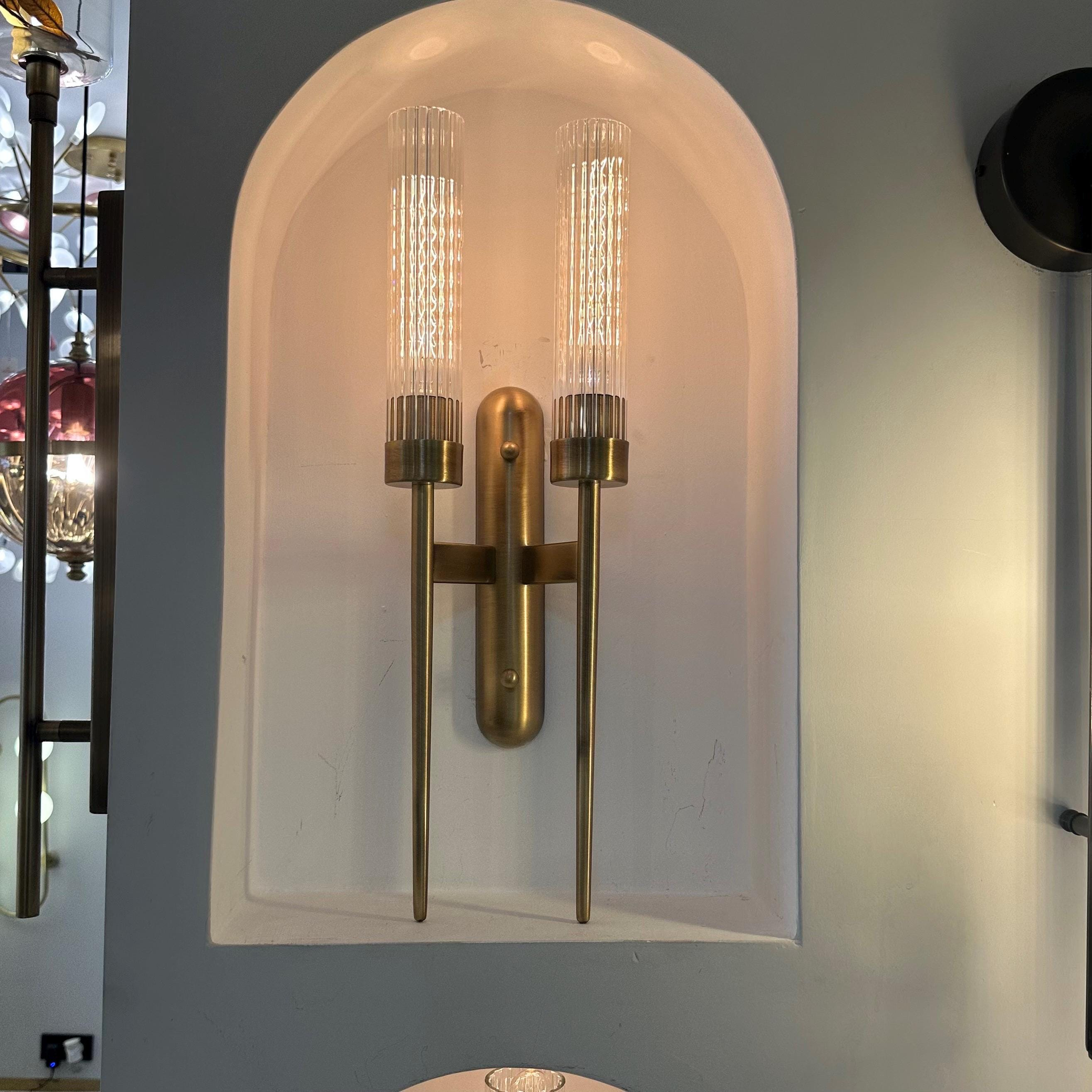 Ribbed Glass Torch Wall Sconce with Dark Bronze Frame, E26 E27 Wall Light for Bedroom, Hallway, Living Room, and Entryway