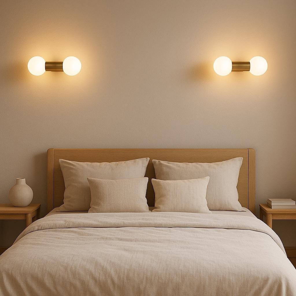 Brushed Brass Double Opal Glass Wall Sconce, Modern G9 Globe Wall Light for Bedroom, Hallway, Bathroom, and Living Room