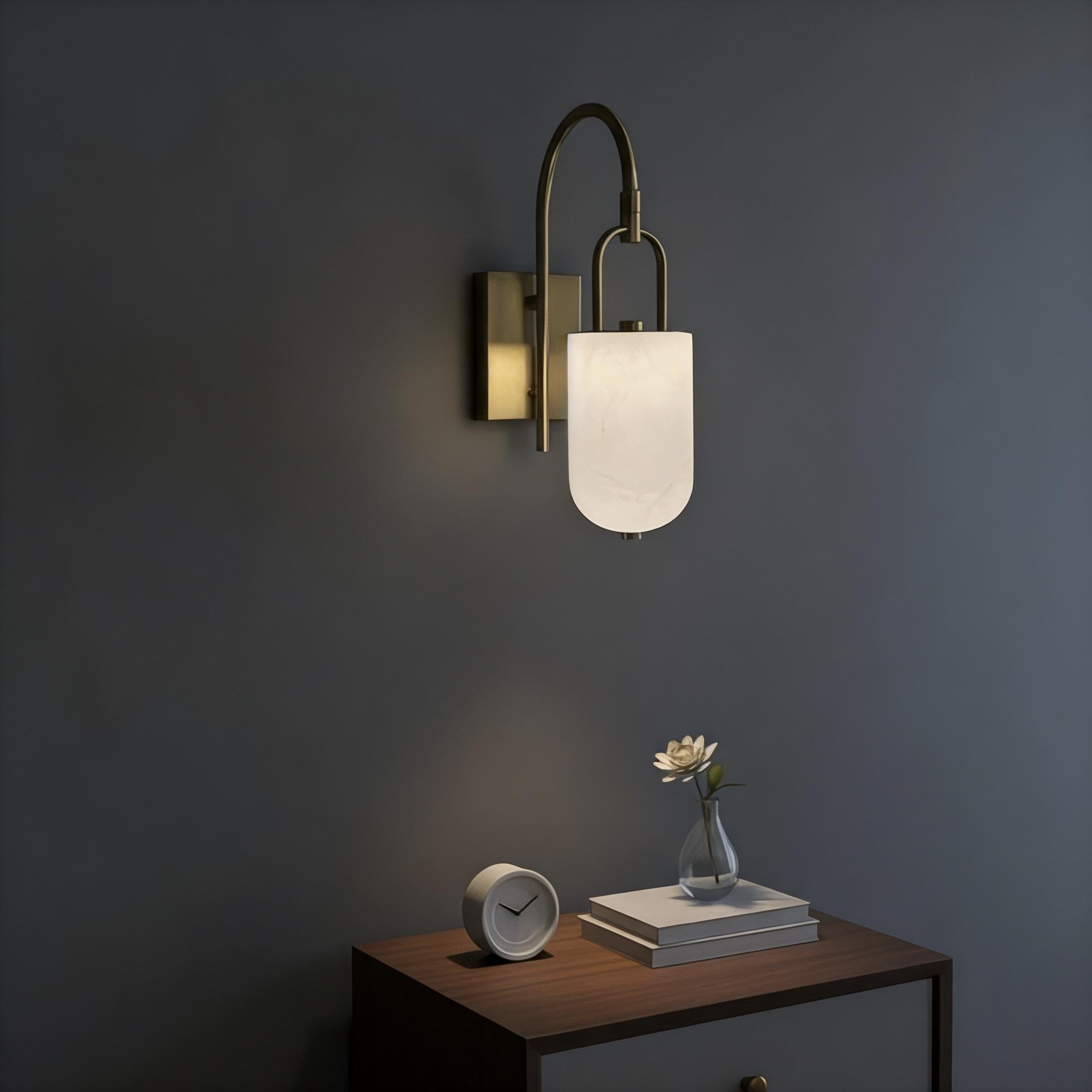 Brushed Brass Arched Marble Wall Sconce with Soft White Shade, Modern Luxury LED Wall Lamp for Bedroom, Hallway, Living Room