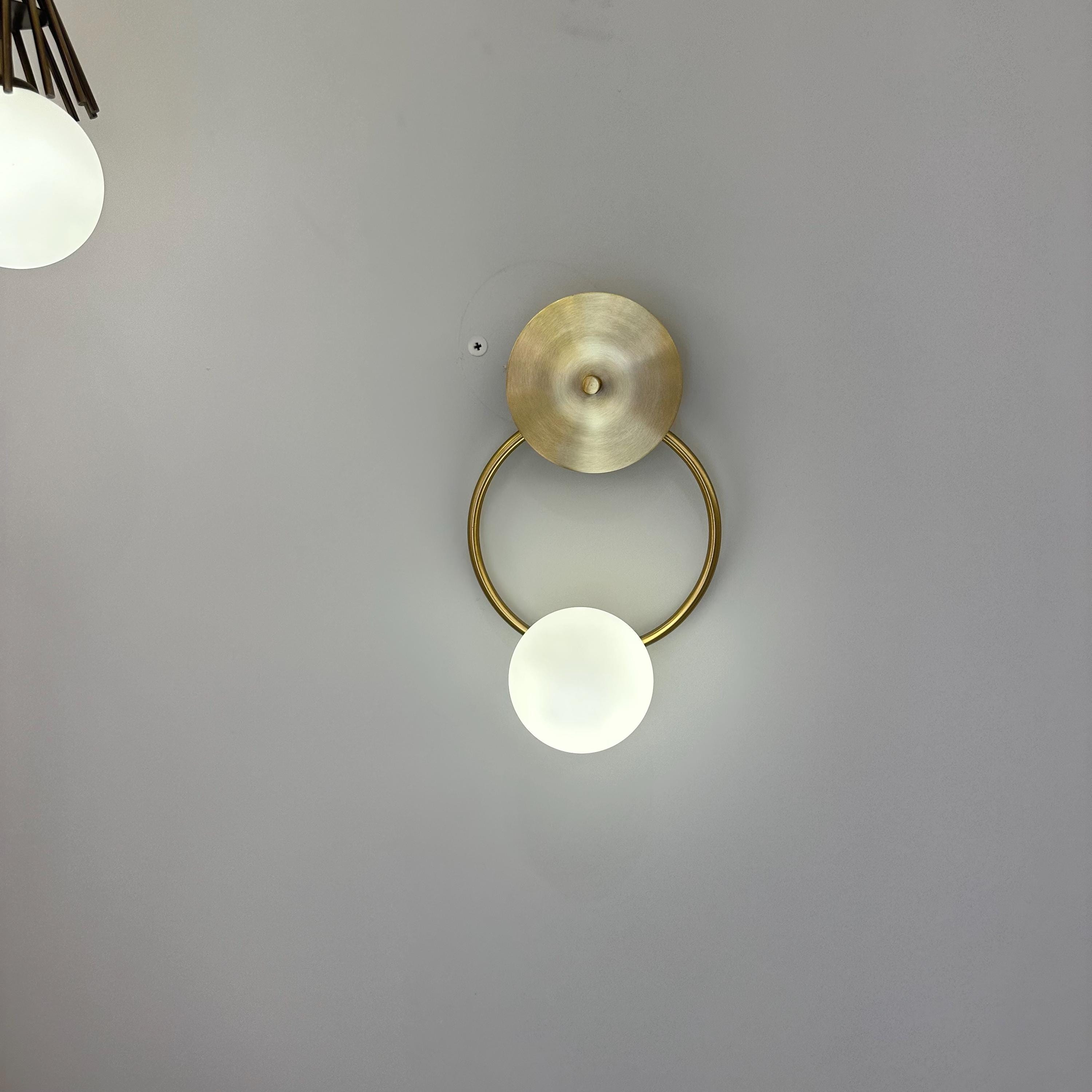 Modern Brushed Brass Ring Wall Sconce with Milk Glass Globe, G9 Wall Light for Bedroom, Hallway, Living Room, and Bedside