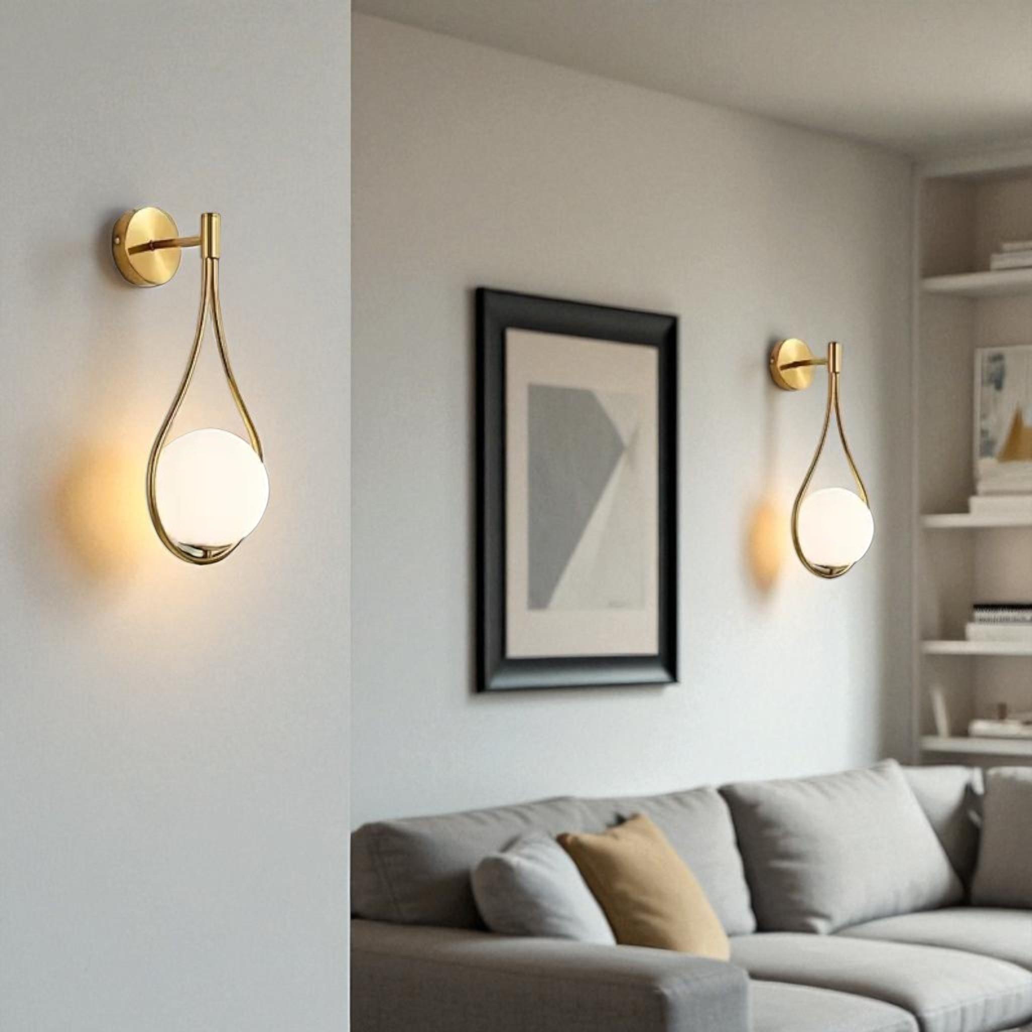 Modern Teardrop Brass Wall Sconce with Milk Glass Globe, G9 Wall Light for Bedroom, Hallway, Living Room, and Bedside