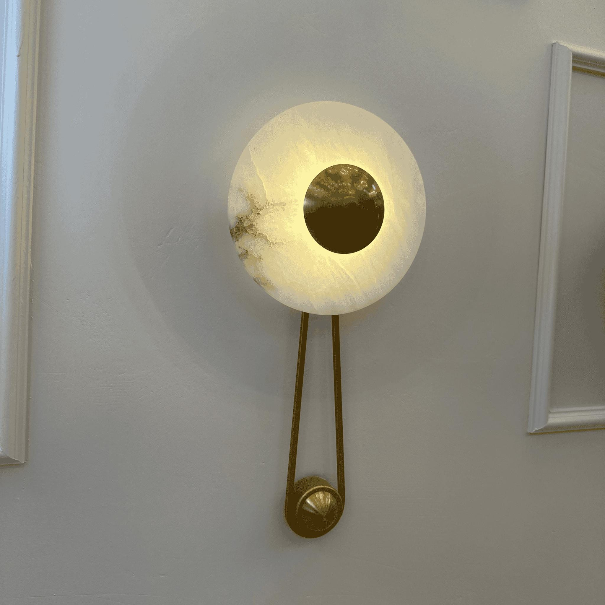 Round Marble Disc LED Wall Sconce with Brushed Brass Accent, Modern Warm White Wall Light for Bedroom, Hallway, Living Room, and Entryway
